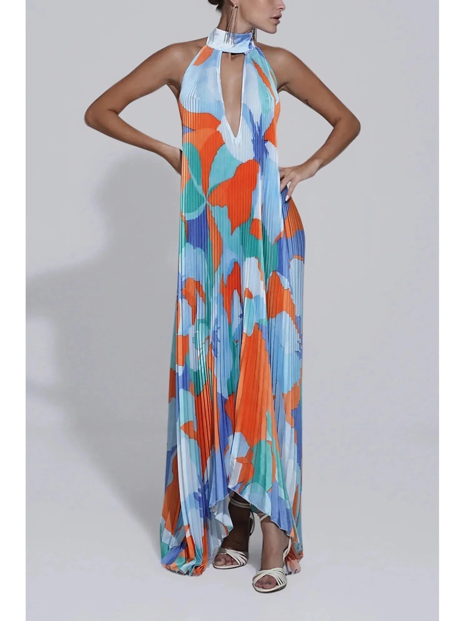 Multicolor Shalia halter pleated maxi dress by Lumina Vancouver, featuring a flowing silhouette and elegant design.
