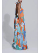 Multicolor Shalia Sultry Halter Pleated Maxi Dress by Lumina Vancouver, flowing fabric and elegant halter neckline.