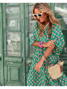 Green and white Sharon™ spring dress by Lumina Vancouver, featuring a stylish, lightweight design perfect for warm weather.
