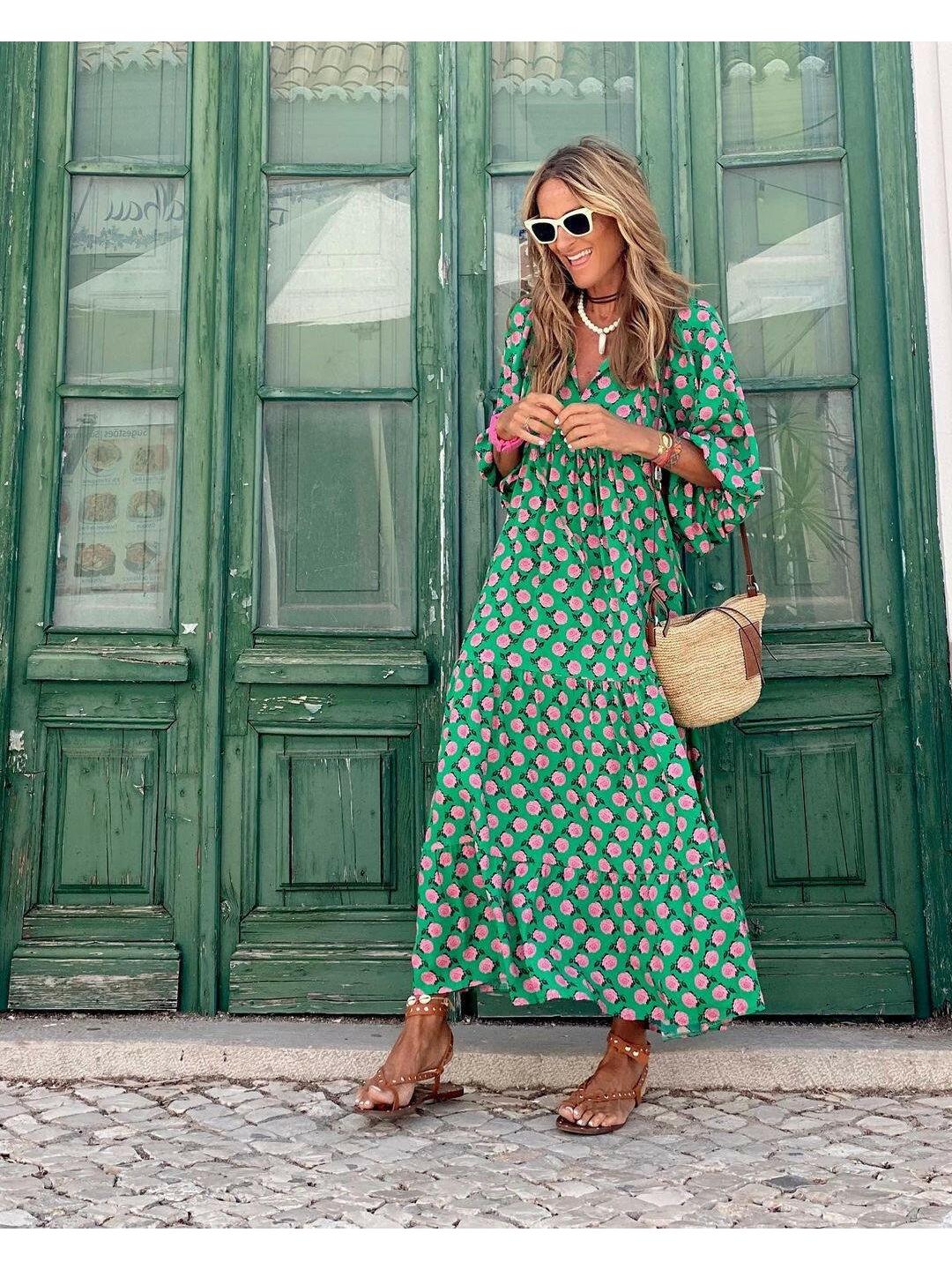 Green and white Sharon™ Spring Dress by Lumina Vancouver featuring a stylish, lightweight design perfect for warm weather.