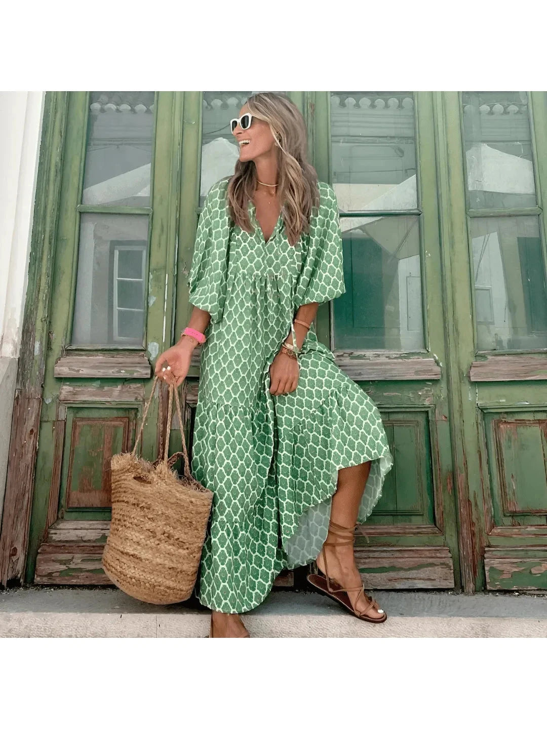 Green and white Sharon™ spring dress by Lumina Vancouver, featuring a stylish, lightweight design perfect for warm weather.