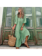 Green and white Sharon™ spring dress by Lumina Vancouver, featuring a stylish, lightweight design perfect for warm weather.