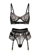 Sheer black and champagne embroidered lace lingerie set by Lumina Vancouver, 3-piece lingerie set with delicate detailing.