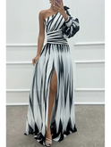 Elegant white Shiloh striped one-shoulder maxi dress by Lumina Wear, flowing fabric with stylish design and asymmetric shoulder detail.
