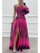 Elegant white Shiloh striped one-shoulder maxi dress by Lumina Vancouver, featuring a flowing design and stylish asymmetrical neckline.