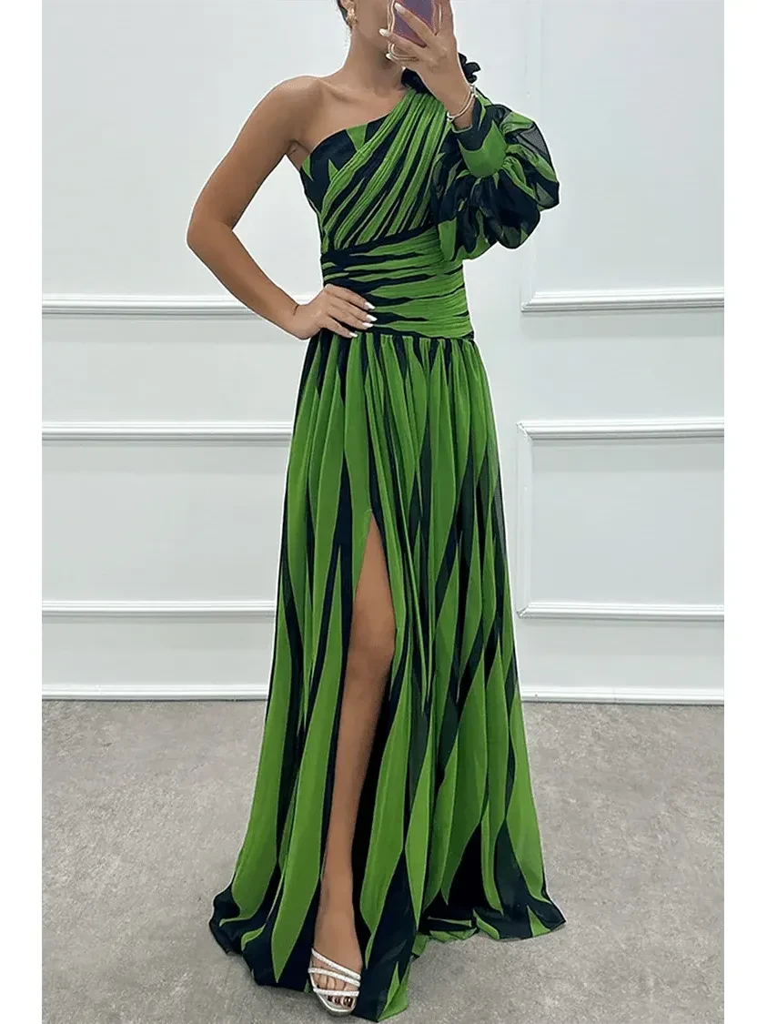 Elegant white striped one-shoulder maxi dress by Lumina Wear, flowing design with stylish shoulder detail.