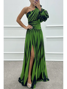 White Shiloh elegant striped one-shoulder maxi dress by Lumina Vancouver displayed on a model.