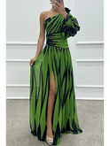 Elegant white Shiloh striped one-shoulder maxi dress by Lumina Wear, flowing design with stylish shoulder detail.