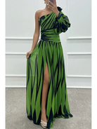 Elegant white Shiloh striped one-shoulder maxi dress by Lumina Vancouver styled on a model, showcasing its flowing fabric and design.