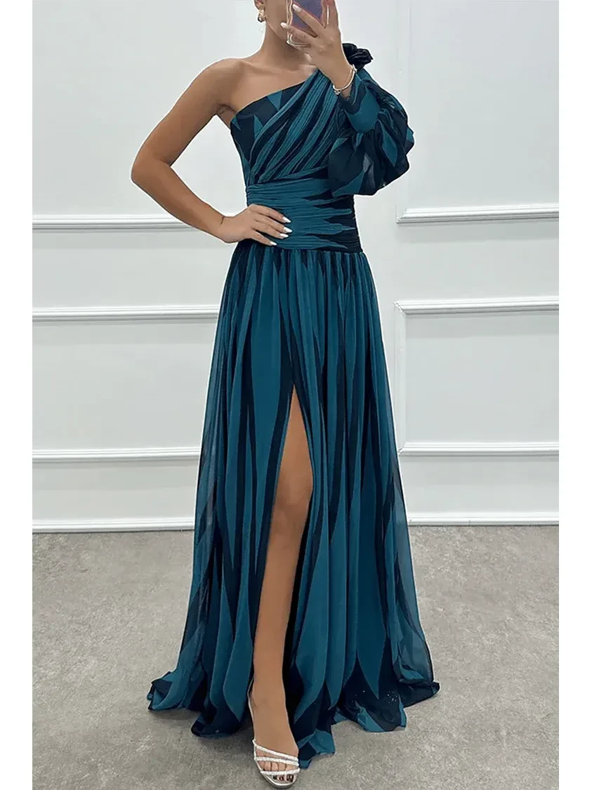 Elegant white striped one-shoulder maxi dress by Lumina Vancouver, flowing dress with a stylish, asymmetrical design.