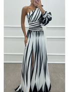 Lumina Vancouver Shiloh elegant striped one-shoulder maxi dress in white, flowing and stylish for formal occasions.
