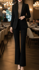 Sienna Midnight double-breasted suit set by Lumina Vancouver, featuring a tailored black blazer and matching trousers.