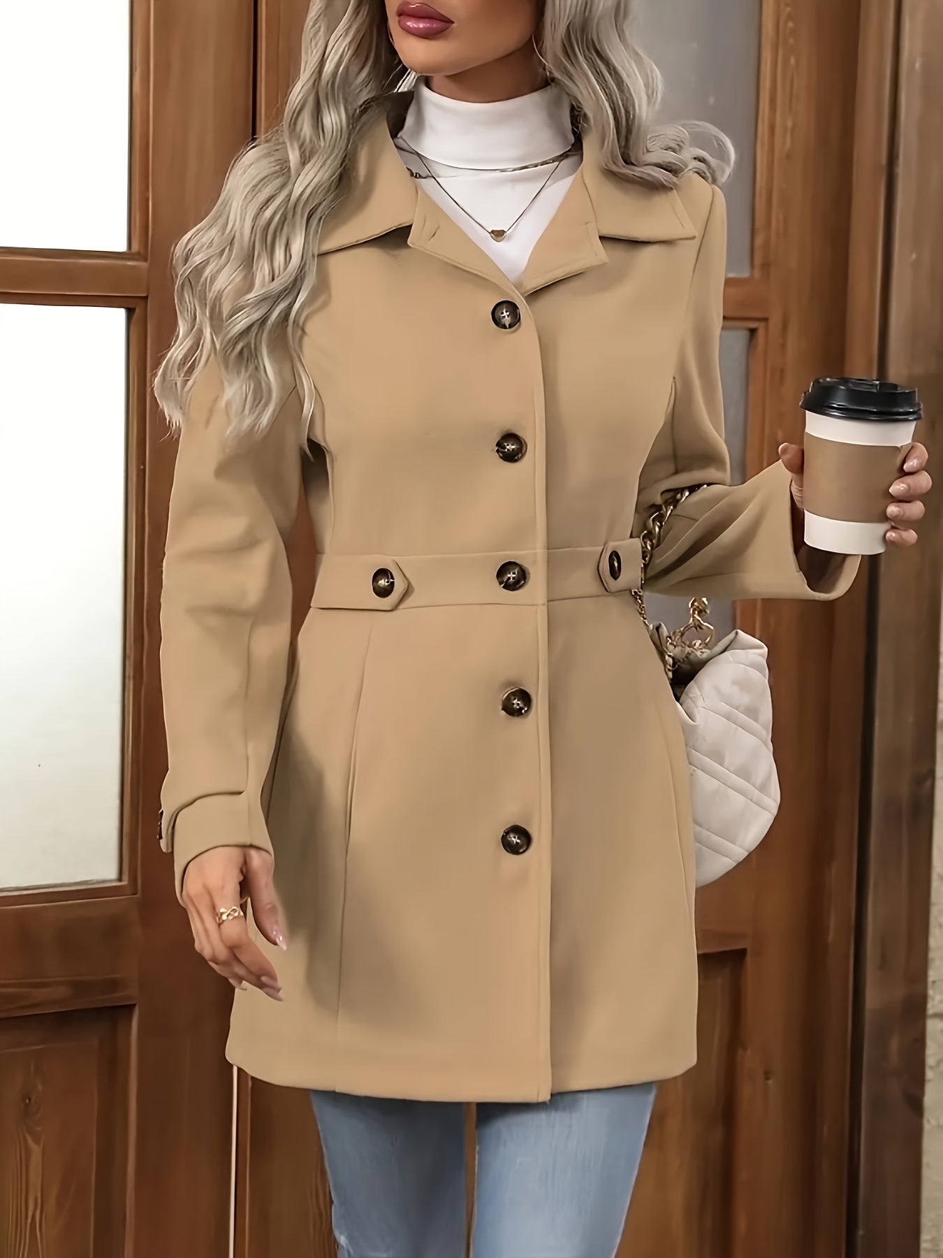 Apricot Sienna structured tailored winter coat with button front for women by Lumina Wear, featuring a sleek, fitted design.