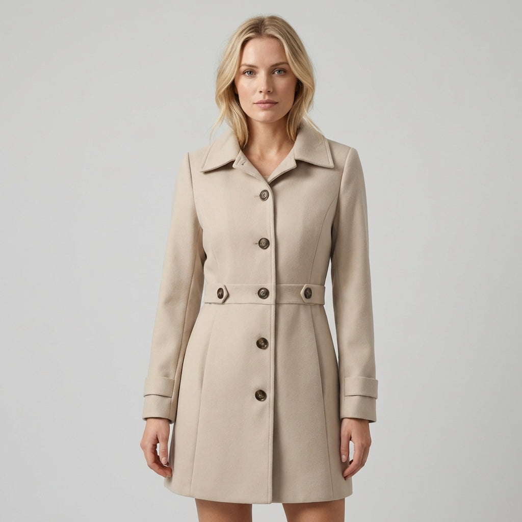Apricot Sienna Lumina Wear women's structured tailored winter coat with button front, designed for a chic and warm winter look.