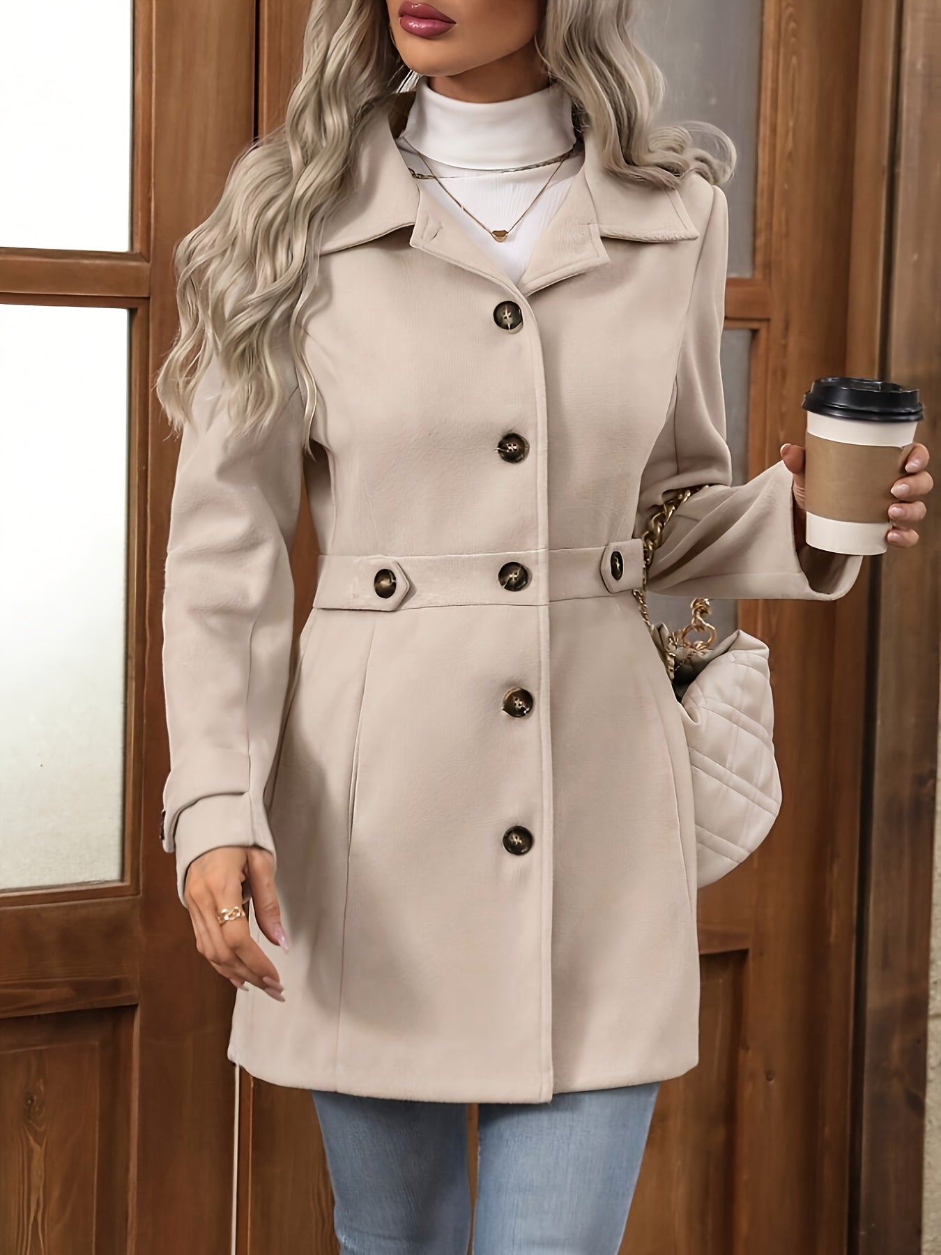 Apricot Sienna structured tailored winter coat by Lumina Wear featuring button front and classic design for women's fashion.