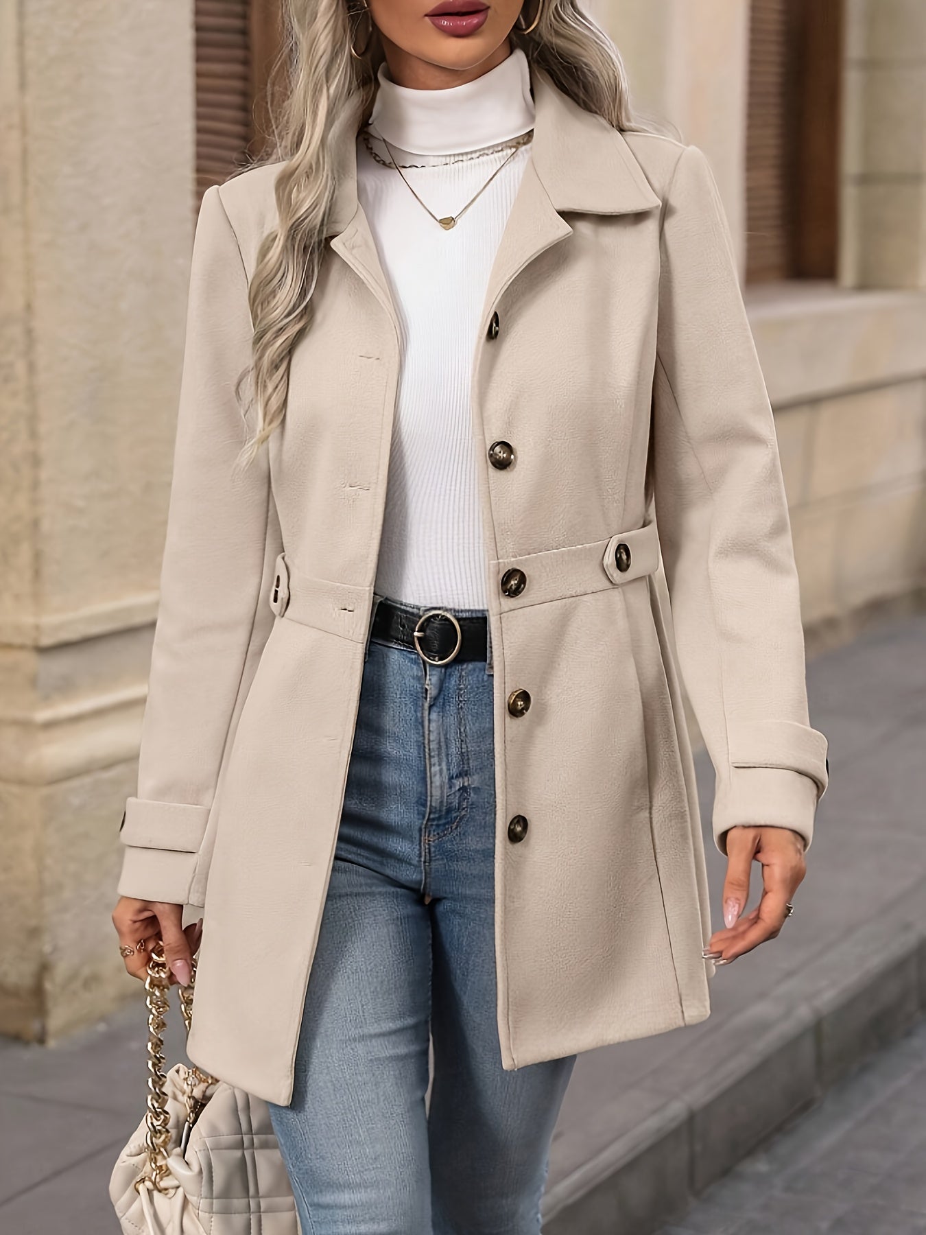 Apricot Sienna structured tailored winter coat with button front by Lumina Wear, designed for women's stylish warmth.