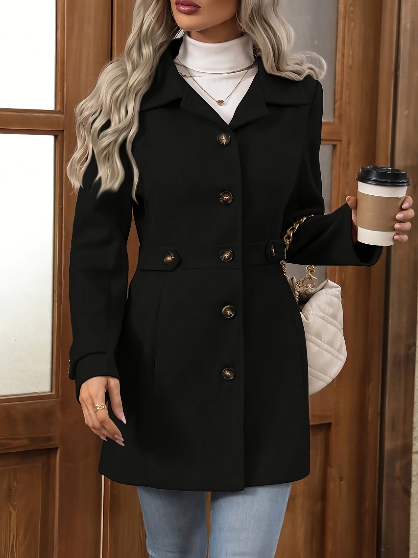 Apricot Sienna structured tailored winter coat with button front by Lumina Wear, designed for women, stylish and warm.
