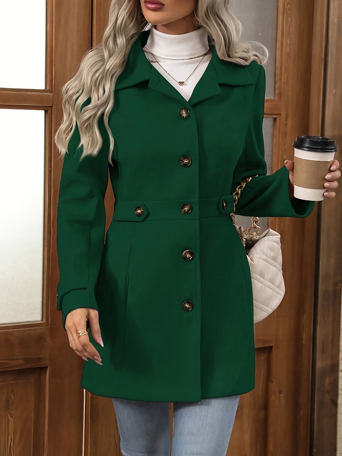 Apricot Sienna women's tailored winter coat with structured design and button front by Lumina Wear.