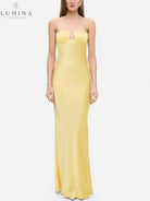 Sienna Ursule suspender maxi dress by Lumina Vancouver, elegant wedding guest dress with flowing fabric and adjustable straps.