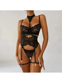 Black Simone 3-piece lingerie set by Lumina Wear featuring a bra, panties, and garter belt on a model.