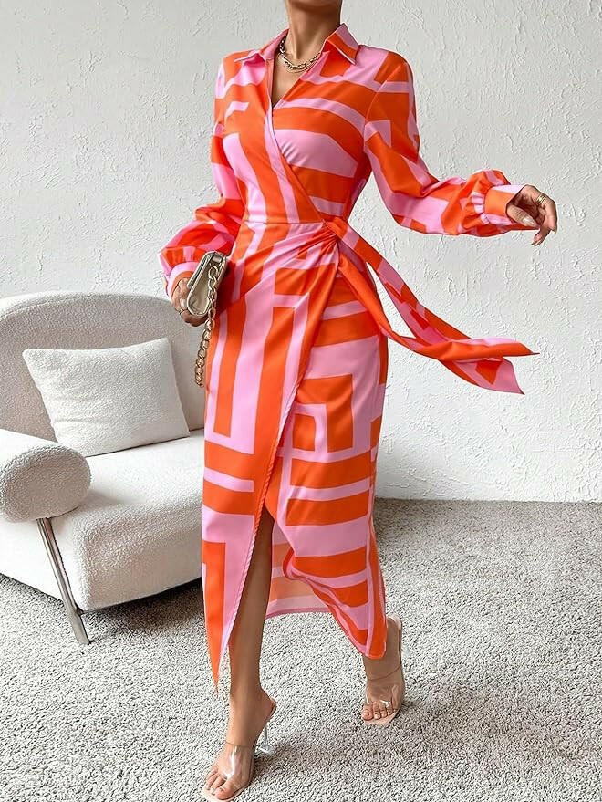 Lumina Wear Solana printed wrap dress in orange and pink with a flowy design, displayed on a model.