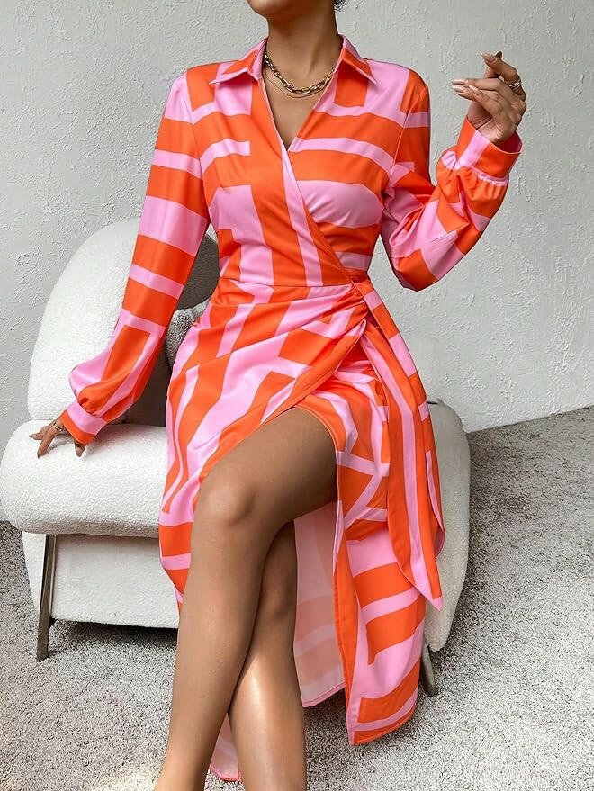 Lumina Vancouver Solana™ printed wrap dress in orange and pink, featuring a flowing design and stylish silhouette.