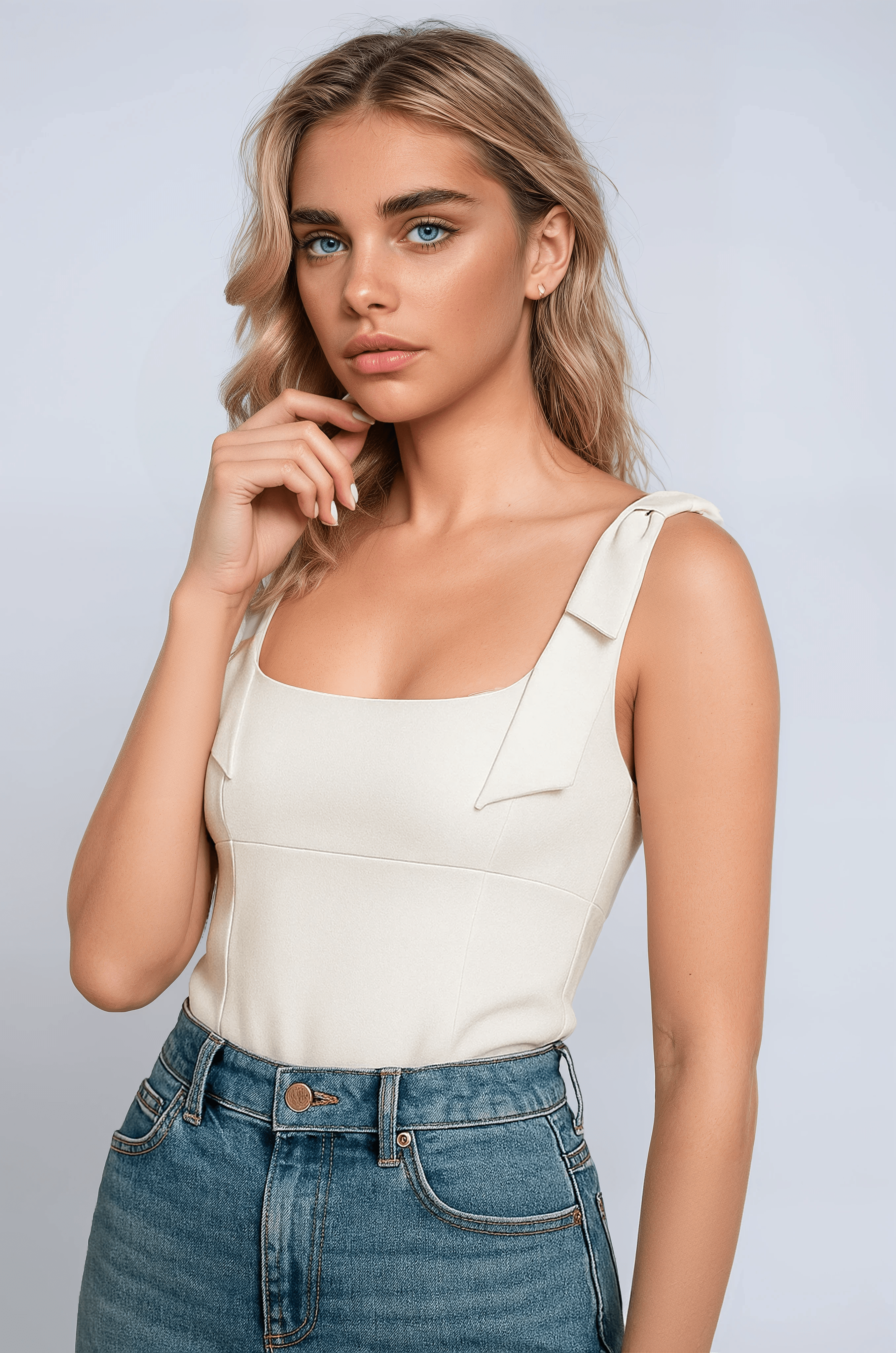 White Sophia bow-detail cami top with zipper closure by Lumina Wear, sleeveless women's top with elegant bow accents.