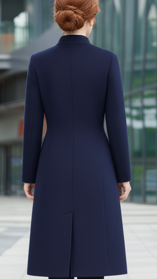 Navy blue Sophia Button Maxi Coat by Lumina Vancouver, shown in size XS, featuring a stylish, long coat with button details.