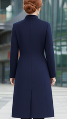 Navy blue Sophia Button Maxi Coat by Lumina Vancouver, shown in size XS, featuring a stylish, long coat with button details.