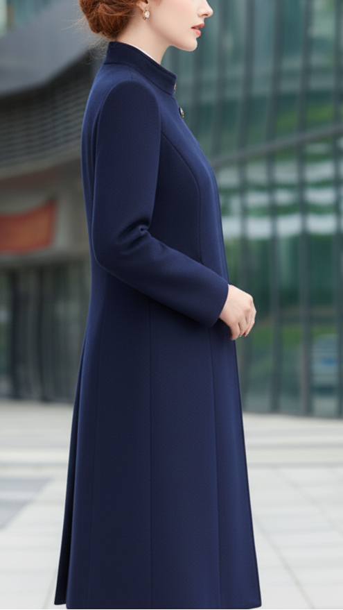 Navy blue Sophia Button Maxi Coat by Lumina Vancouver, shown in XS size, featuring a stylish button-up design and cozy fit.