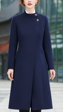Navy blue Sophia Button Maxi Coat by Lumina Wear, showing front view with large buttons and tailored fit.