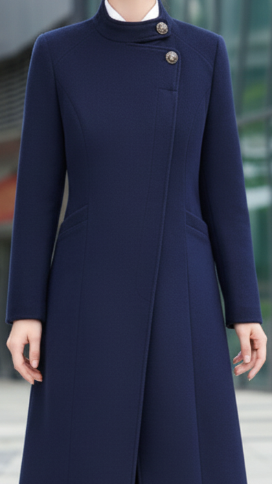Navy blue Sophia Button Maxi Coat by Lumina Vancouver styled on a model, showing long coat with button details and wide collar.