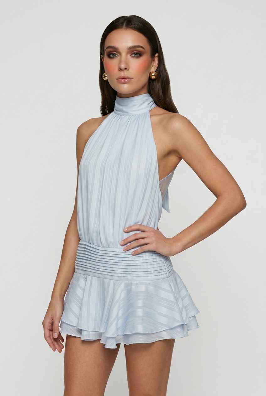 Sophia Lumina Wear chic blue mini dress with a flattering fit, casual style, shown on a model.