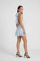 Sophia Lumina Wear casual blue mini dress with a flattering fit, featuring a stylish design and short sleeves.
