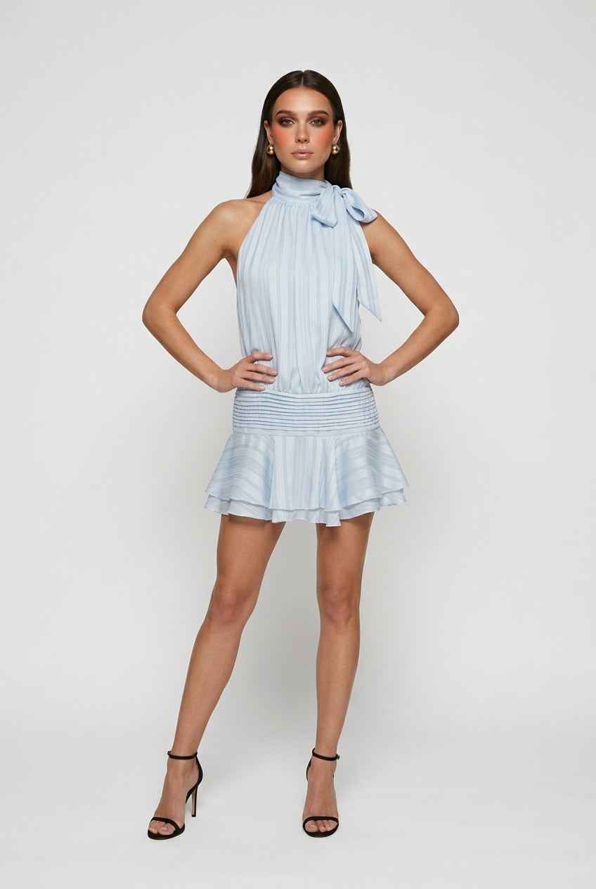 Sophia Lumina Wear chic blue mini dress with a flattering fit, perfect for casual occasions, displayed on a model.