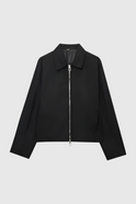Sophia Lumina Wear black casual bomber jacket with zipper closure, stylish and lightweight for everyday wear.