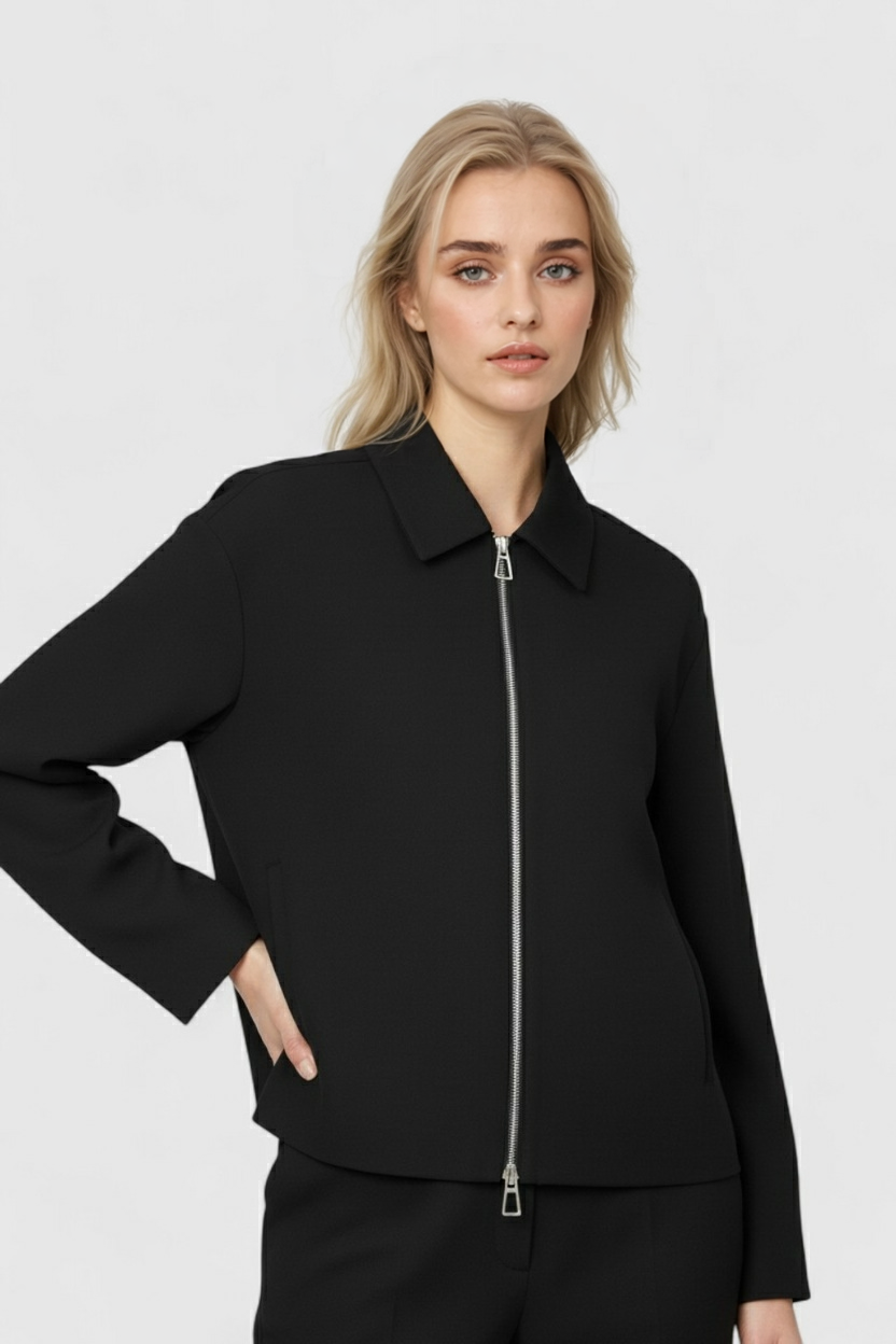 Light blue casual bomber jacket by Lumina Wear with zipper closure, styled on a mannequin showcasing its relaxed fit.