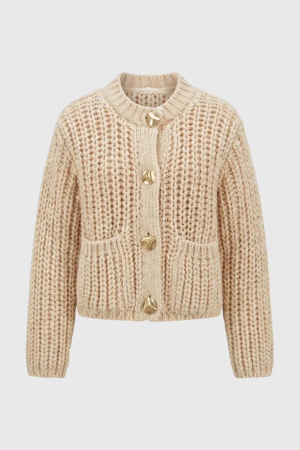Sophia beige knit cardigan for women by Lumina Wear, featuring a cozy, relaxed fit and soft, textured fabric.