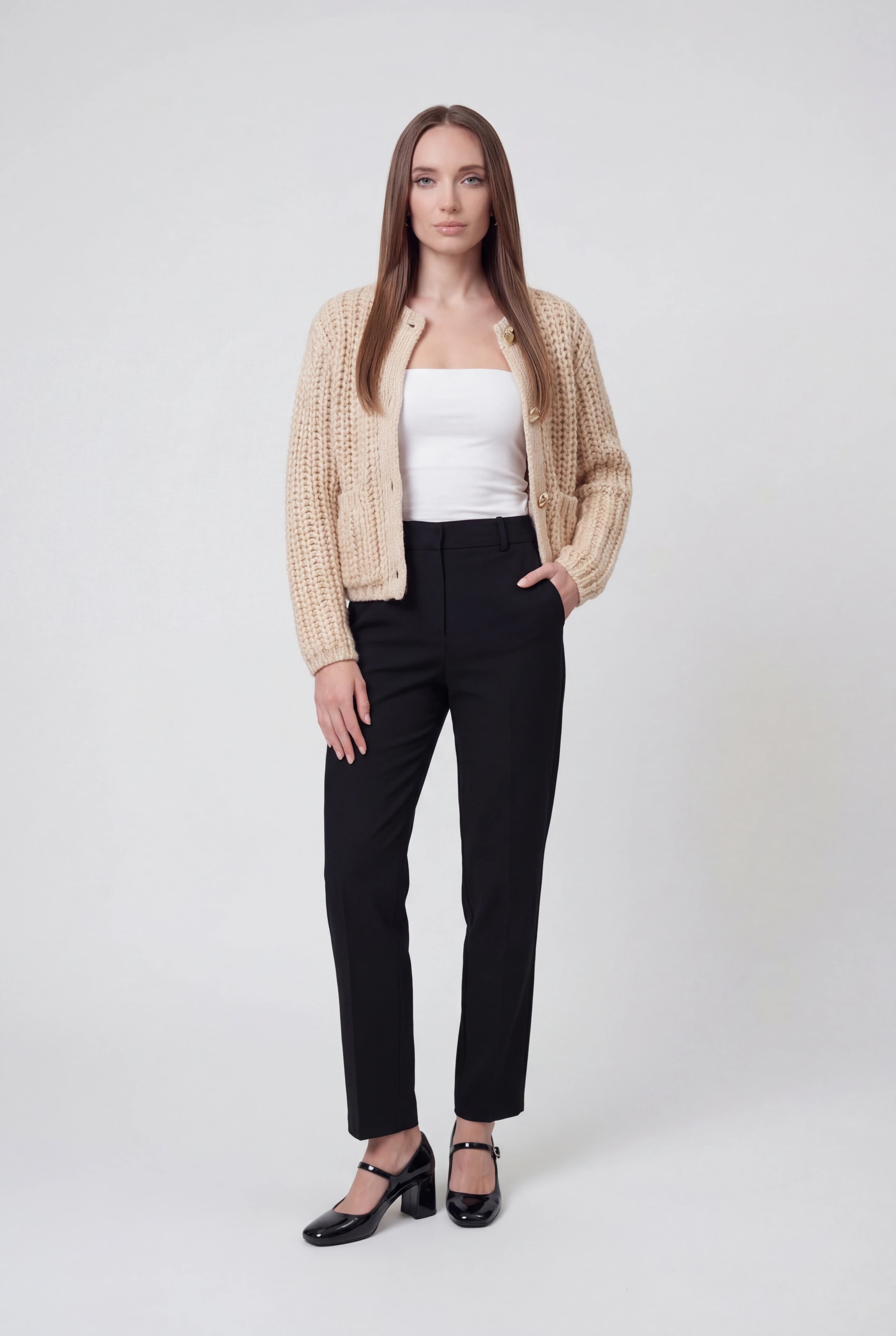 Sophia beige knit cardigan for women by Lumina Wear, featuring a relaxed fit and cozy, soft textured fabric.