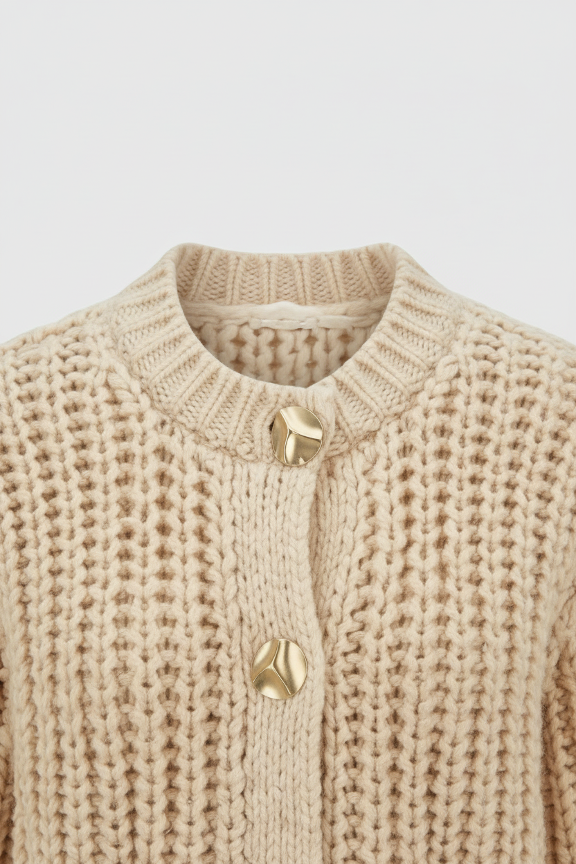 Light beige Lumina Wear Sophia women's knit cardigan with a relaxed fit, soft texture, perfect for casual and cozy styling.