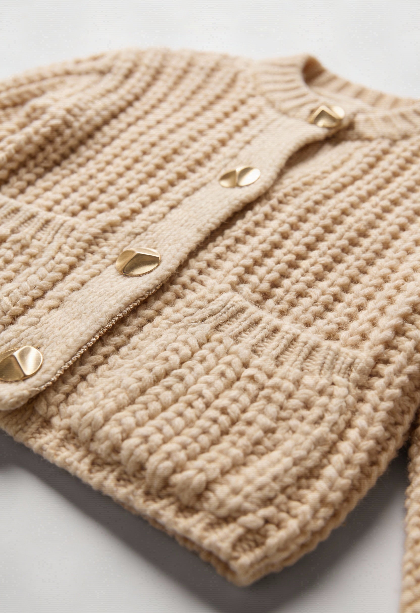 Lumina Wear Sophia beige knit cardigan for women, relaxed fit, cozy and stylish, displayed on a model.