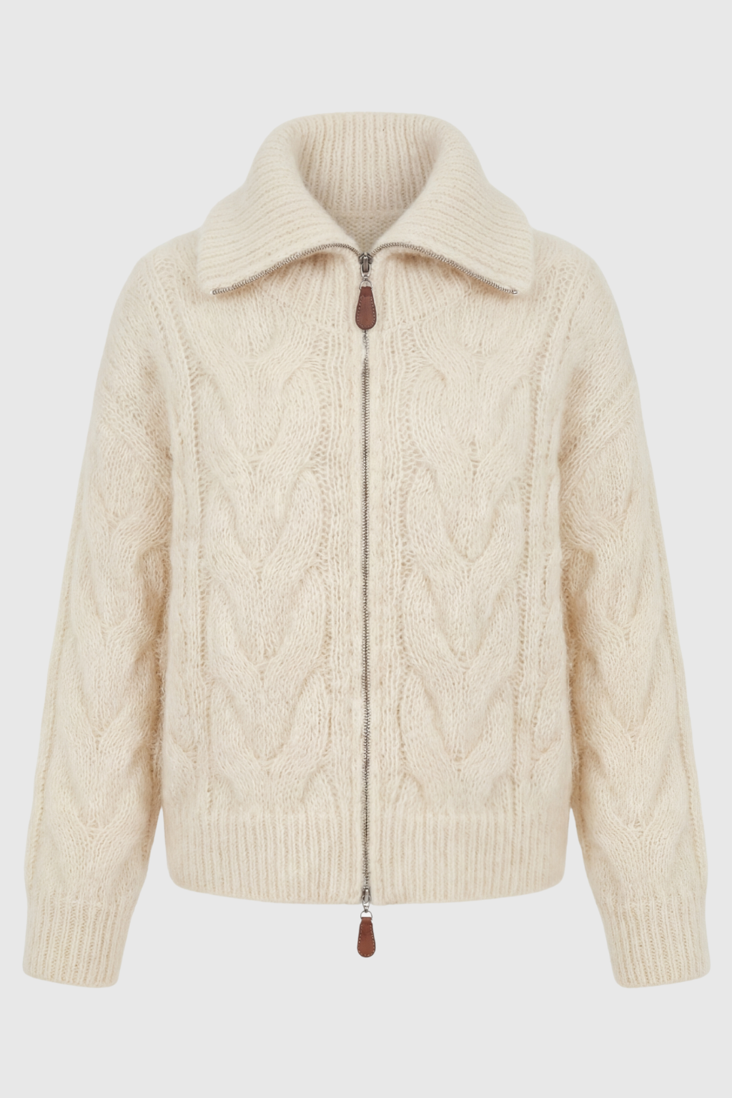 Sophia beige long cardigan sweater with zipper detail by Lumina Wear, featuring a cozy fit and stylish design.
