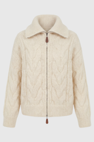 Sophia beige long cardigan sweater with zipper detail by Lumina Wear, featuring a cozy fit and stylish design.