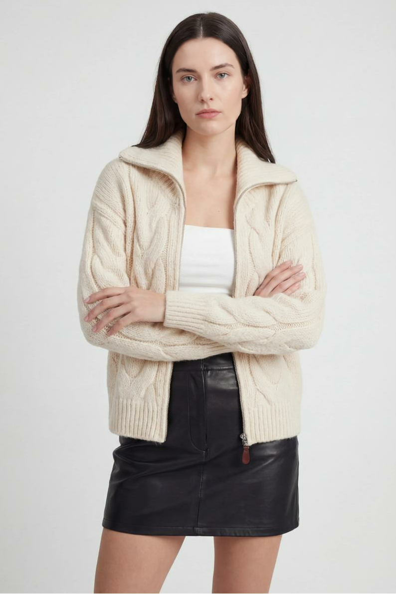 Cozy beige long cardigan sweater with zipper detail by Lumina Wear, displayed on a hanger.