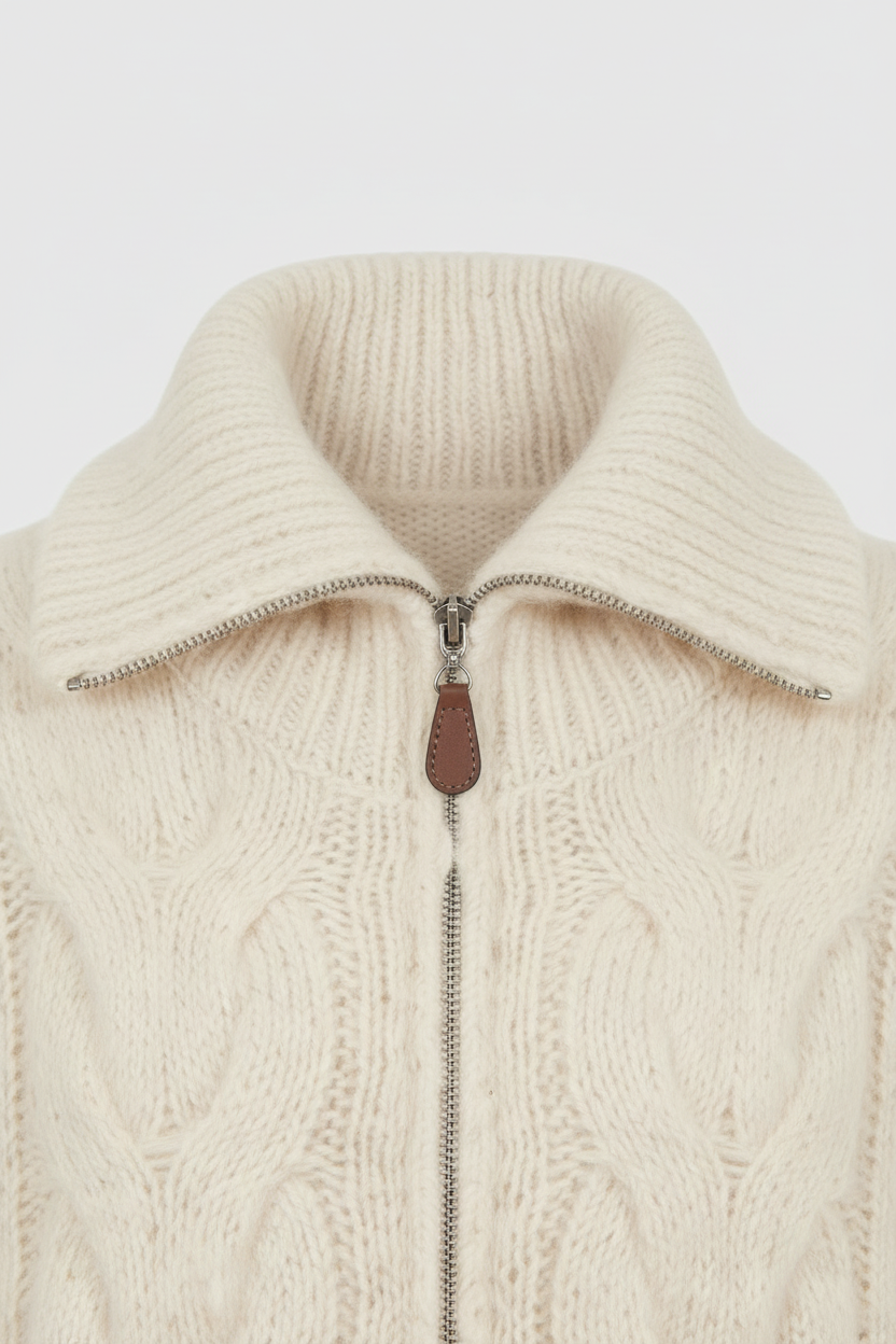 Beige long cardigan sweater with zipper detail from Lumina Wear, styled casually with a relaxed fit and cozy knit fabric.