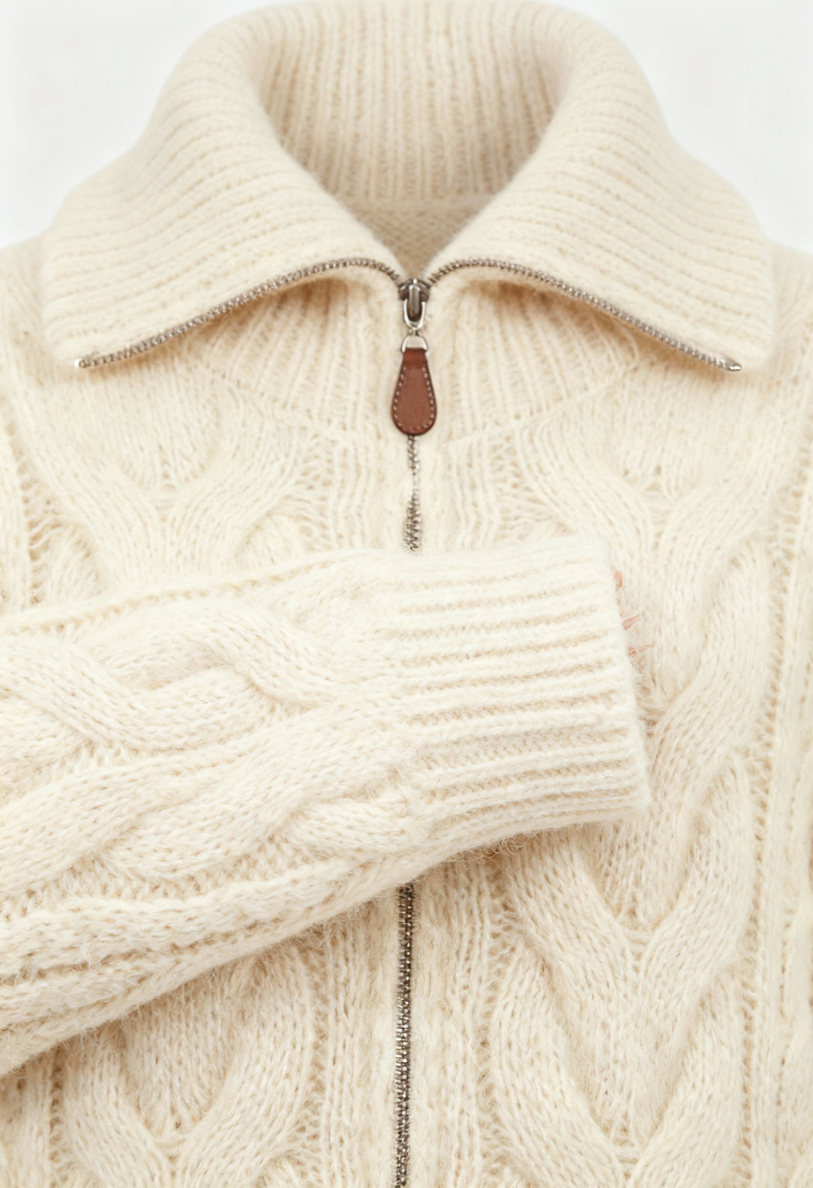 Beige long cardigan sweater with zipper detail from Lumina Wear, featuring a cozy fit and stylish design.