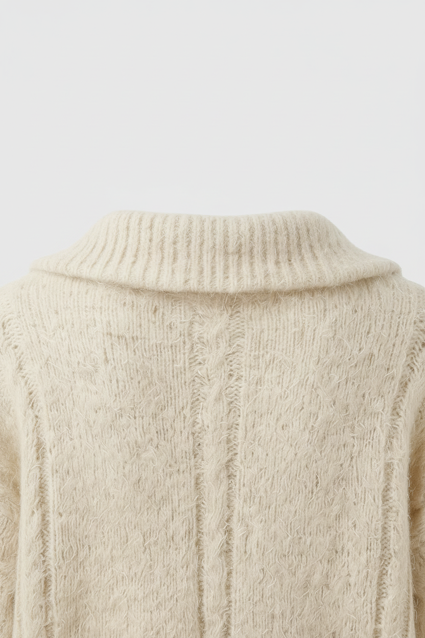 Cozy beige long cardigan sweater with zipper detail by Lumina Wear, styled with a relaxed fit and comfortable design.