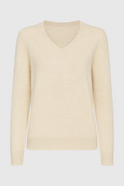Lumina Wear Sophia beige V-neck women's sweater with a cozy, flattering fit, showcasing soft knit fabric and stylish design.