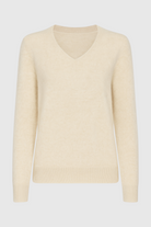 Lumina Wear Sophia beige V-neck women's sweater featuring a cozy fit, perfect for casual and comfortable styling.