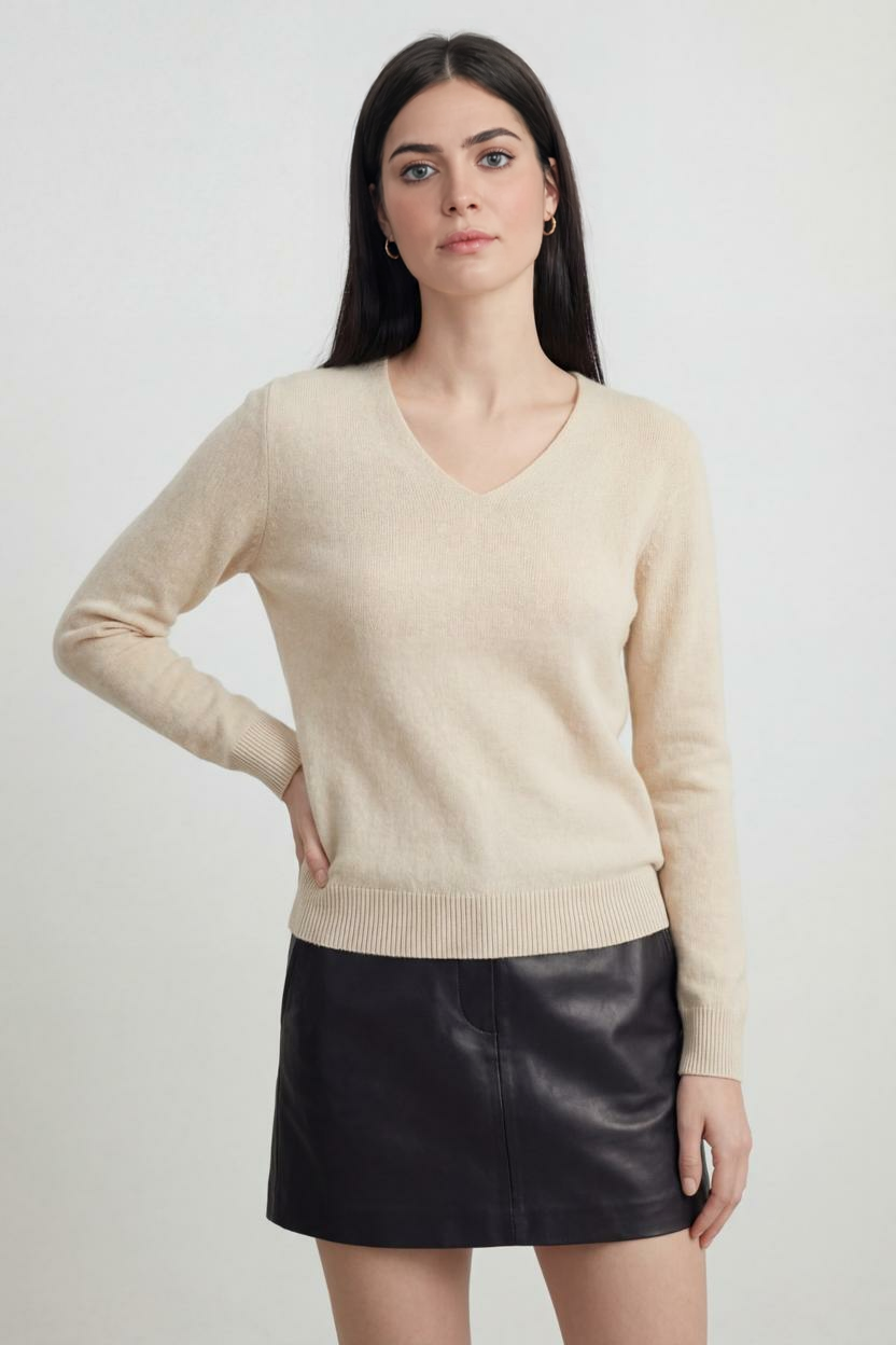 Beige Sophia women's V-neck sweater by Lumina Wear, cozy fit, soft knit, perfect for casual or office wear.